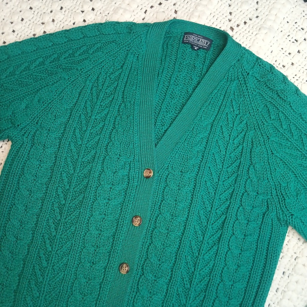 Lands' End Teal Cable Knit V-Neck Cardigan